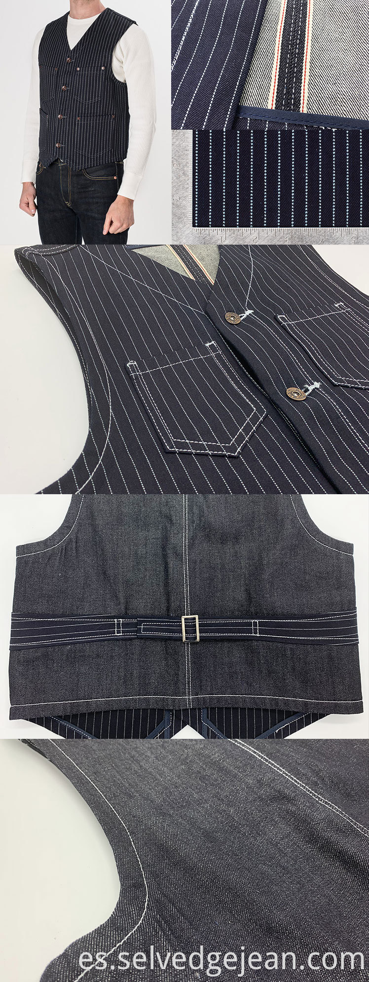 Material de jeans para hombres orgánicos 100% de algodón Selvedge Hiskory Stripe Denim Fabrica Vintage Style Chaqueta de chaleco